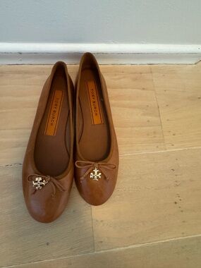 Tory Burch Brown Leather Ballet Flats with Gold Logo Charm